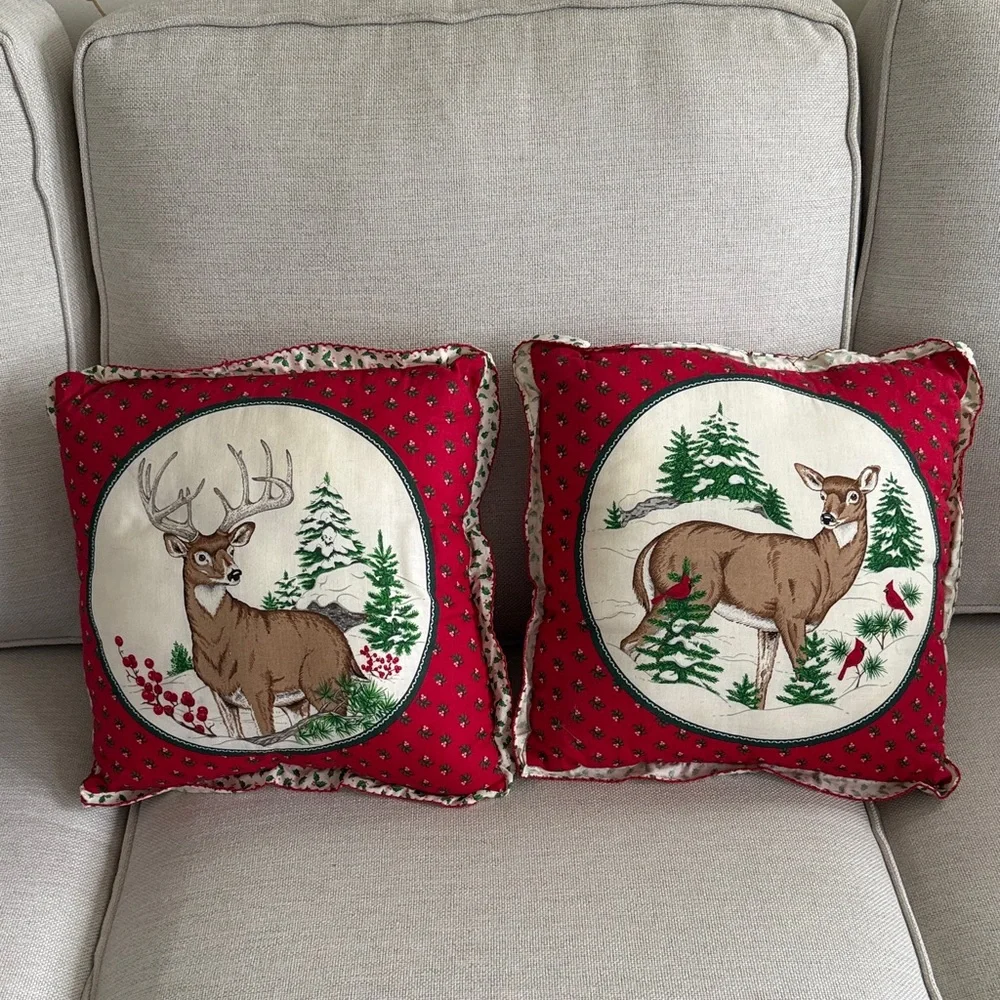 Vintage Quilted Deer Buck Cardinals Throw Holiday Pillows Set of 2